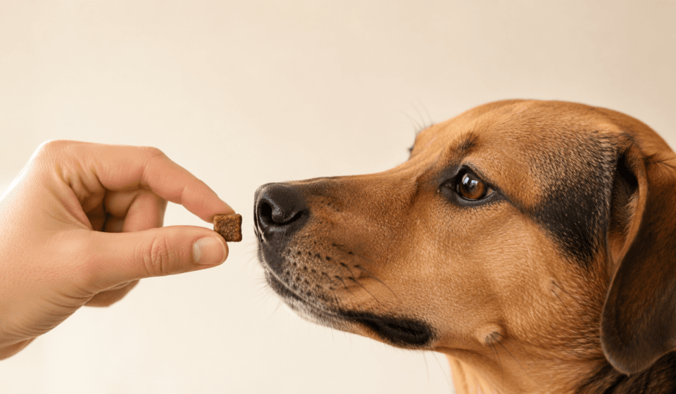 hand holding treat for dog positive reinforcement training example
