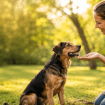 person training dog with positive reinforcement treats outdoors