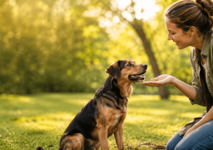 person training dog with positive reinforcement treats outdoors