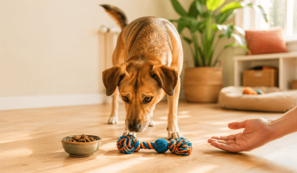 dog choosing between treat toy praise reinforcer test positive reinforcement