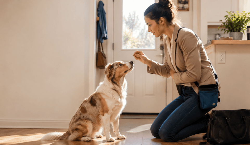 busy owner quick morning dog training routine 5 minutes positive reinforcement