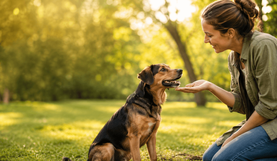 person training dog with positive reinforcement treats outdoors