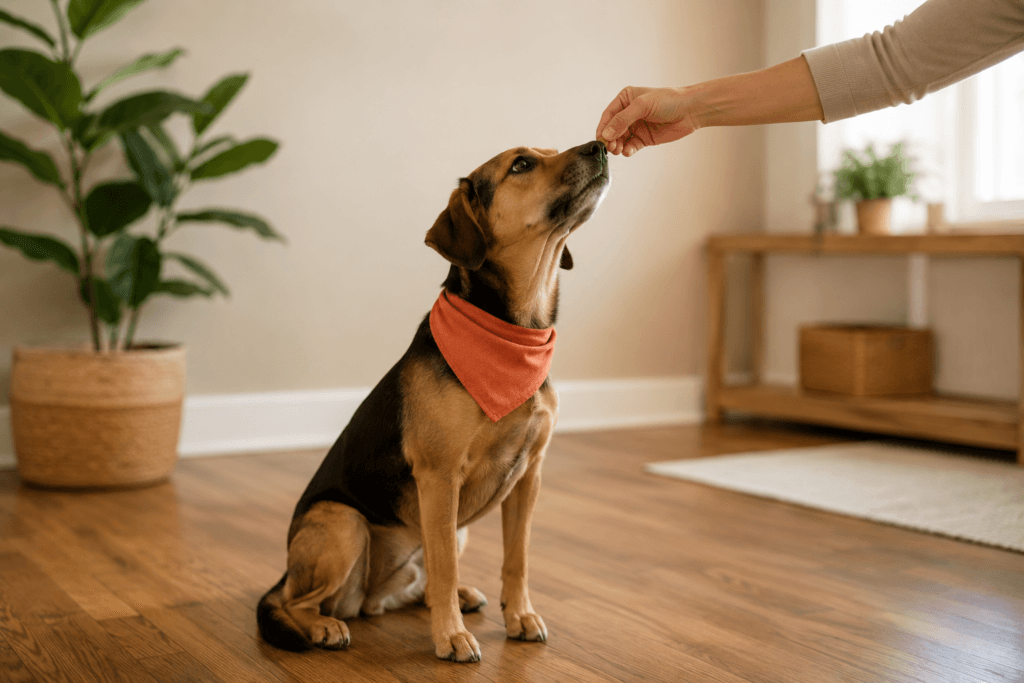 dog sitting with treat reward positive reinforcement sit command training.png