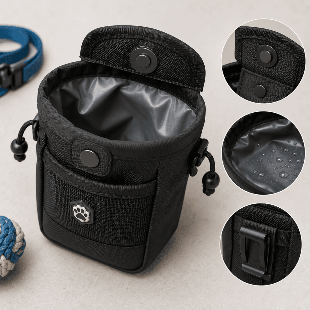 winning treat pouch with waterproof liner and magnetic closure