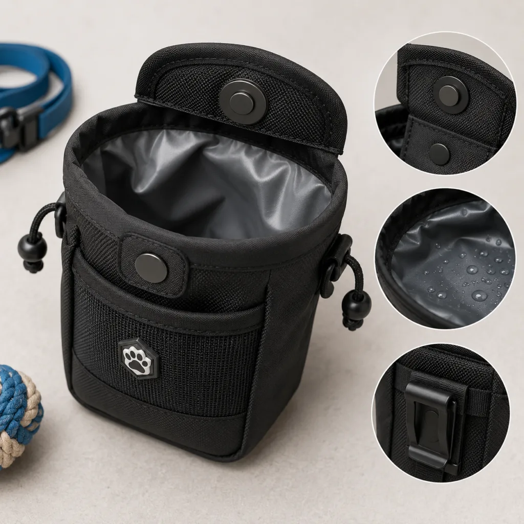 winning treat pouch with waterproof liner and magnetic closure