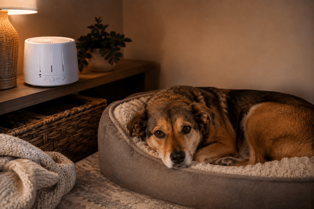 dog fireworks safe room setup interior white noise calm positive reinforcement.png