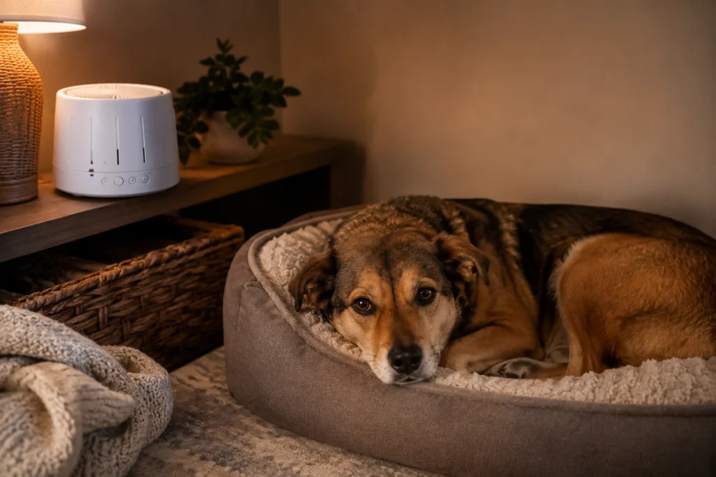 dog fireworks safe room setup interior white noise calm positive reinforcement.png