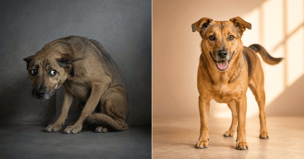 comparison of fearful dog body language versus confident relaxed dog.png
