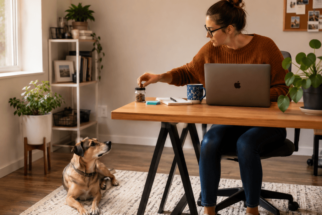 capture training dog sitting voluntarily at home owner desk reward.png