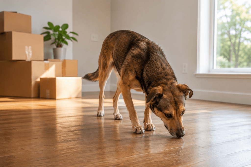 dog exploring new home after moving sniffari positive reinforcement adjustment.png