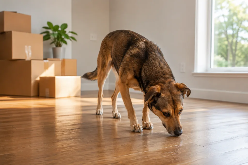 dog exploring new home after moving sniffari positive reinforcement adjustment.png