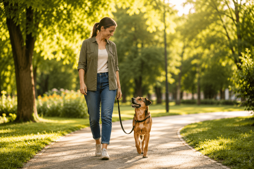 dog walking calmly on loose leash positive reinforcement training result.png