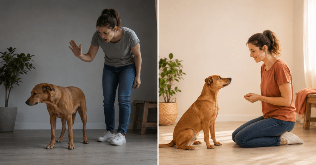 dog training mistake versus correct approach comparison positive reinforcement.png
