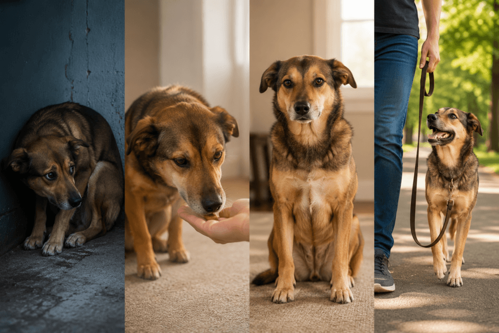 rescue dog positive reinforcement transformation 30 days before after four photos.png