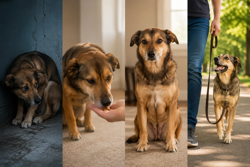 rescue dog positive reinforcement transformation 30 days before after four photos.png