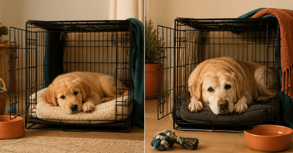 puppy and adult dog both resting comfortably in crates