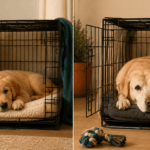 puppy and adult dog both resting comfortably in crates