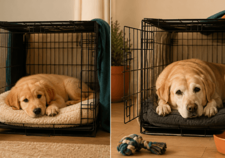 puppy and adult dog both resting comfortably in crates