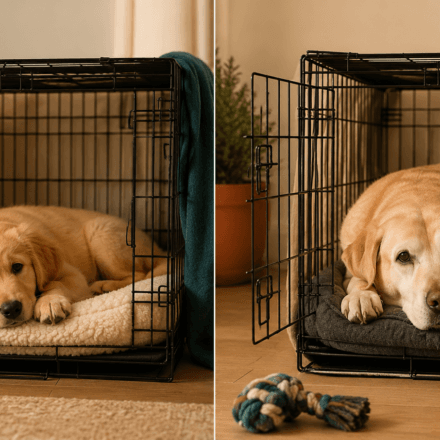 puppy and adult dog both resting comfortably in crates