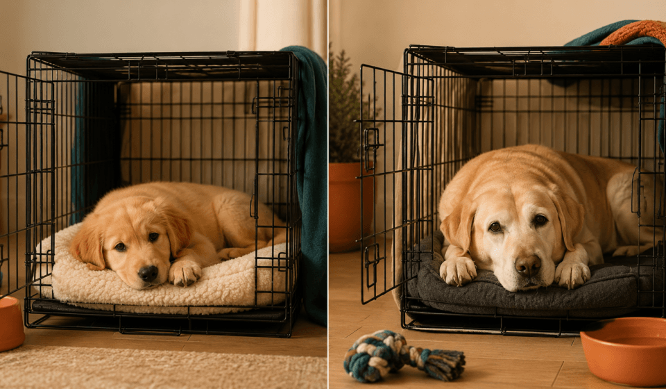 puppy and adult dog both resting comfortably in crates
