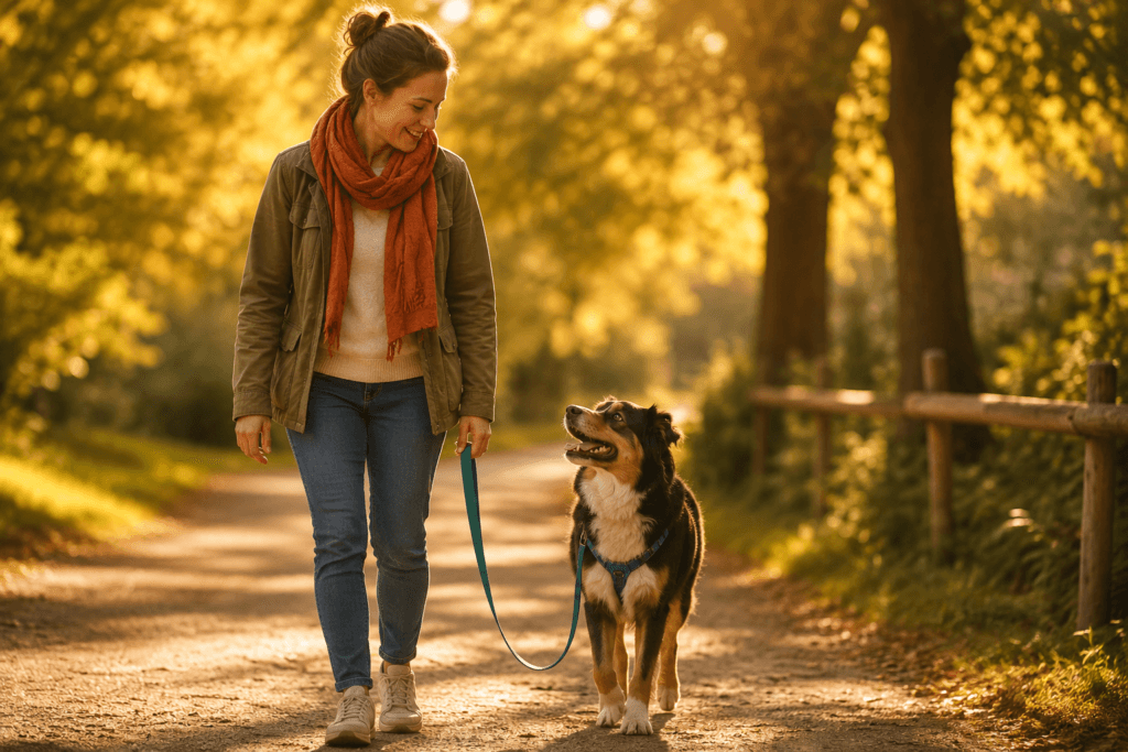 happy owner and dog enjoying loose leash walk