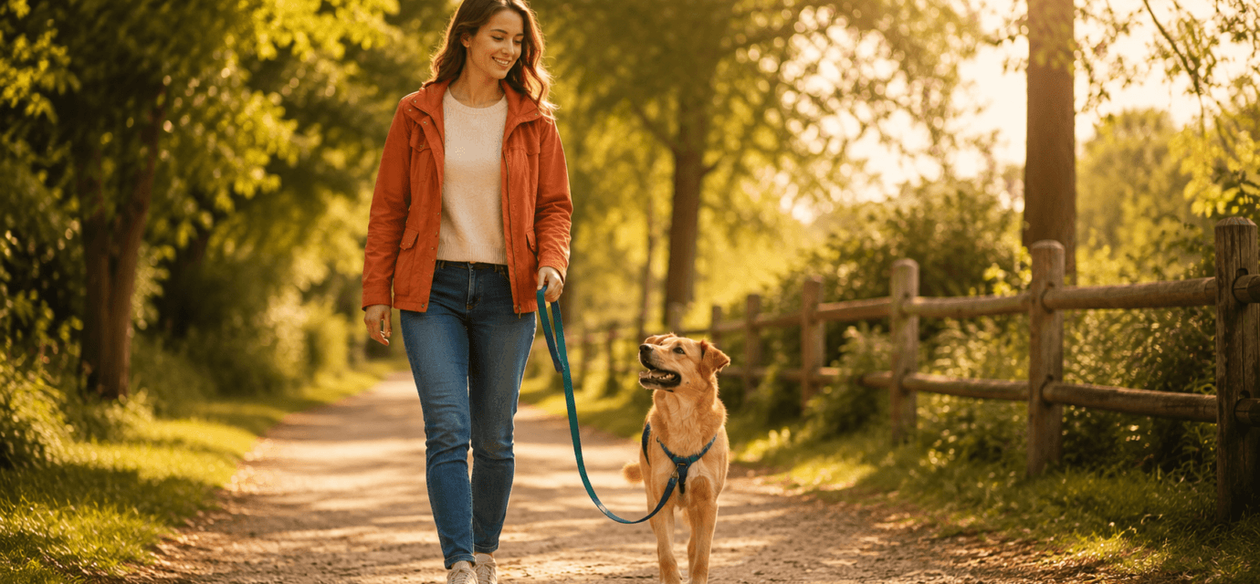 owner walking dog on loose leash positive reinforcement training