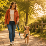 owner walking dog on loose leash positive reinforcement training