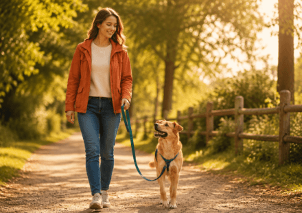owner walking dog on loose leash positive reinforcement training