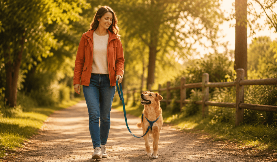 owner walking dog on loose leash positive reinforcement training