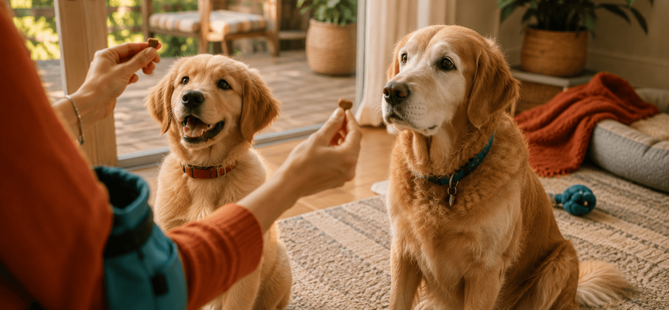 puppy and adult dog training together treats positive reinforcement