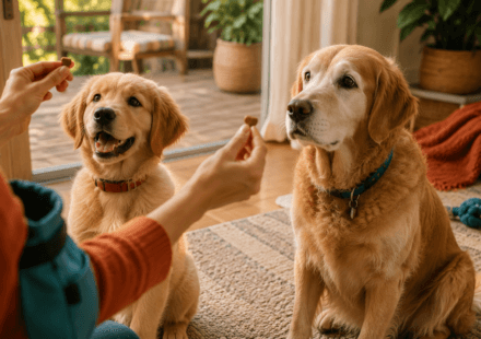 puppy and adult dog training together treats positive reinforcement