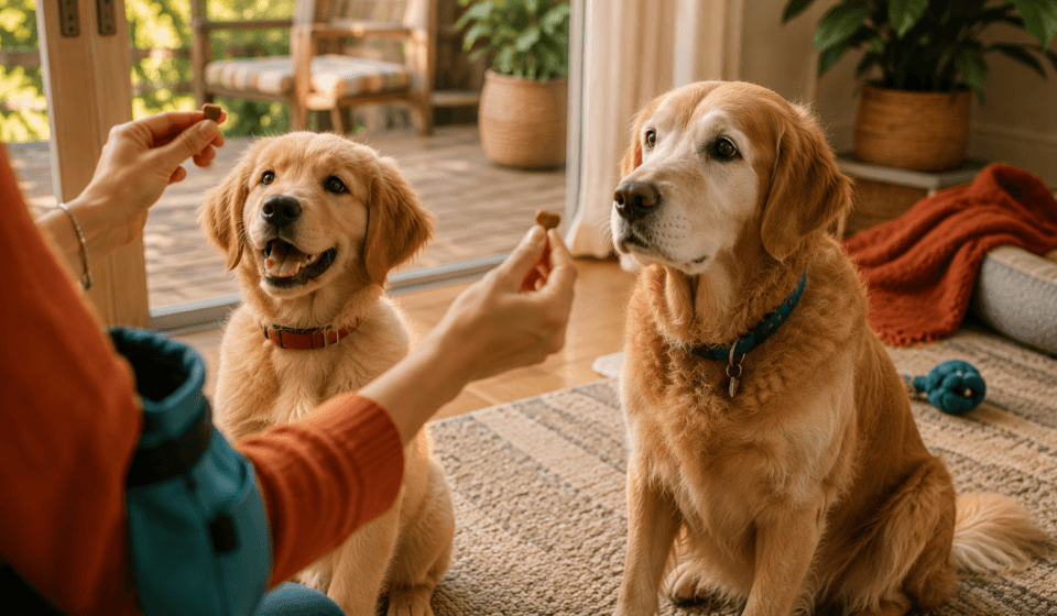 puppy and adult dog training together treats positive reinforcement