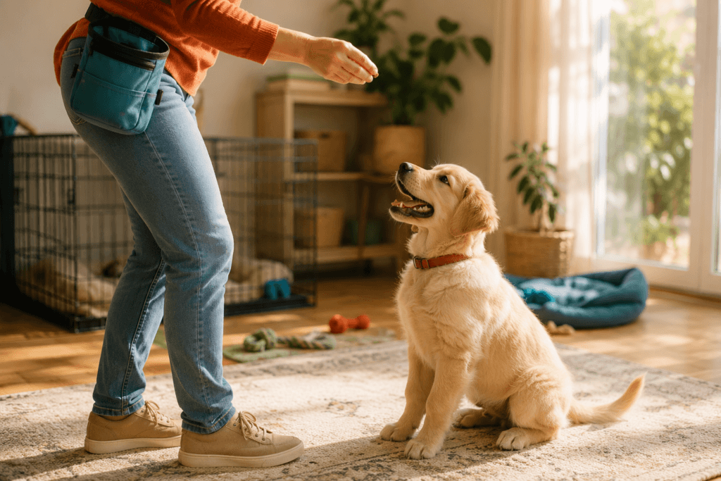 puppy training session treat pouch excited