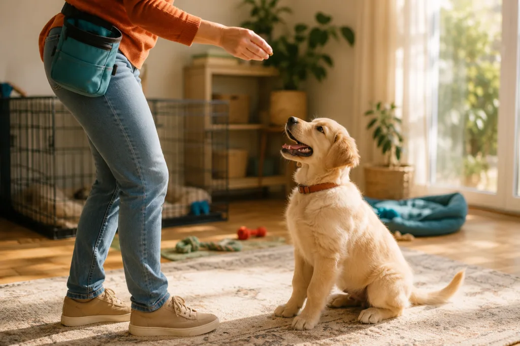 puppy training session treat pouch excited