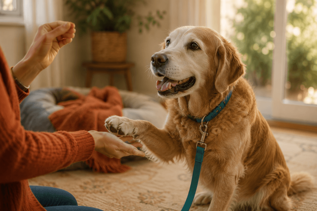 senior dog learning trick engaged comfortable