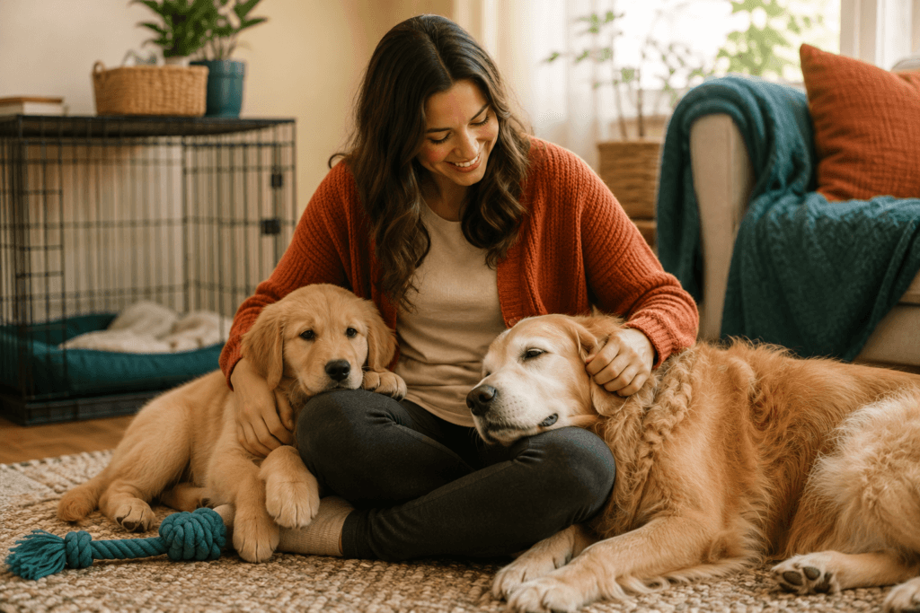 owner with puppy and senior dog both content