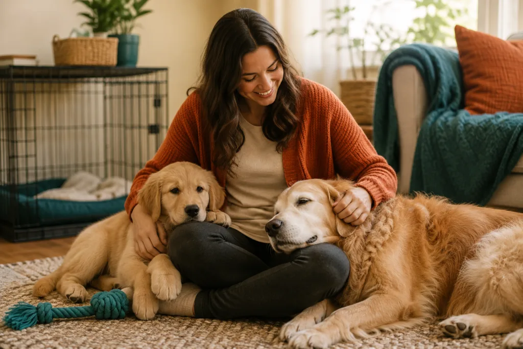 owner with puppy and senior dog both content