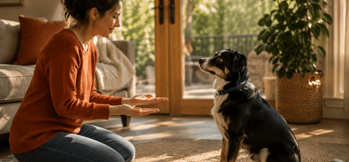 wean dog sitting attentively owner empty hands no treats