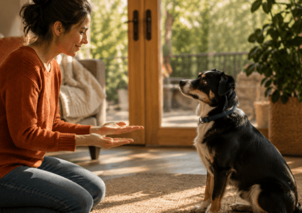 wean dog sitting attentively owner empty hands no treats