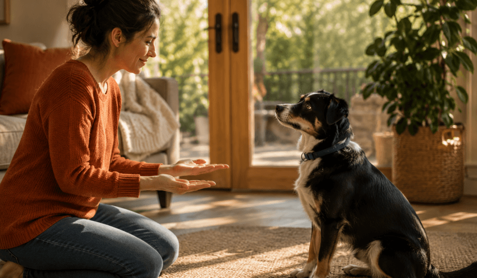 wean dog sitting attentively owner empty hands no treats