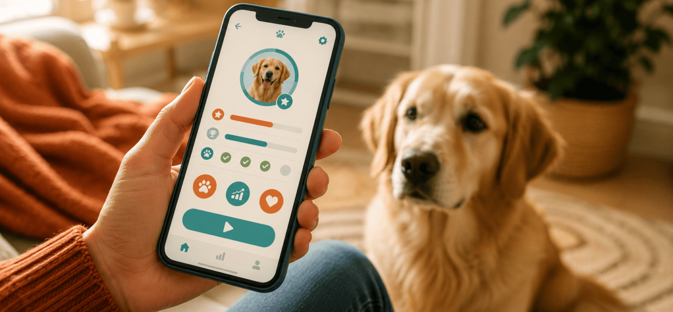smartphone dog training app interface with dog