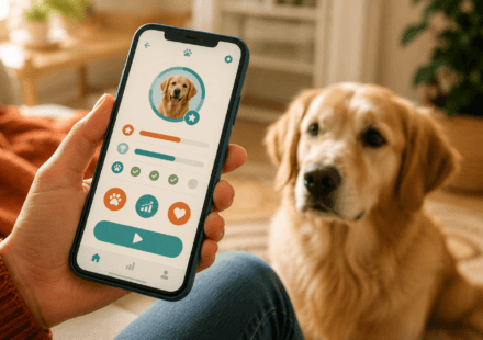 smartphone dog training app interface with dog