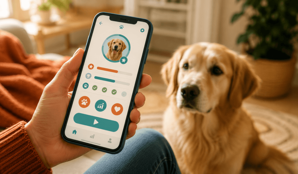 smartphone dog training app interface with dog