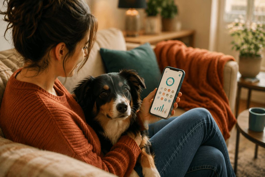 owner couch dog phone training app relaxed