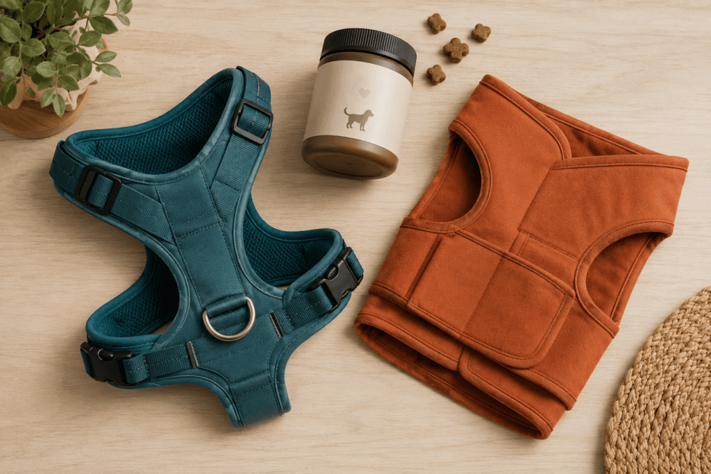 reactive dog gear harness calming aid flat lay