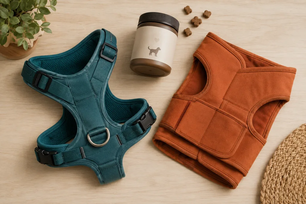 reactive dog gear harness calming aid flat lay