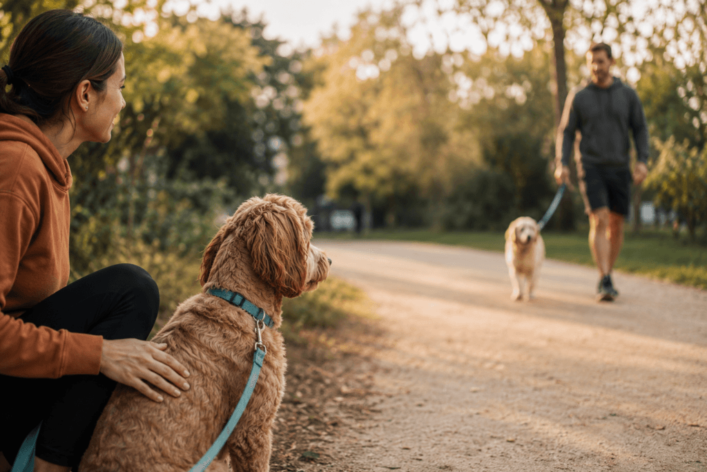 calm dog passing another dog distance progress reactive