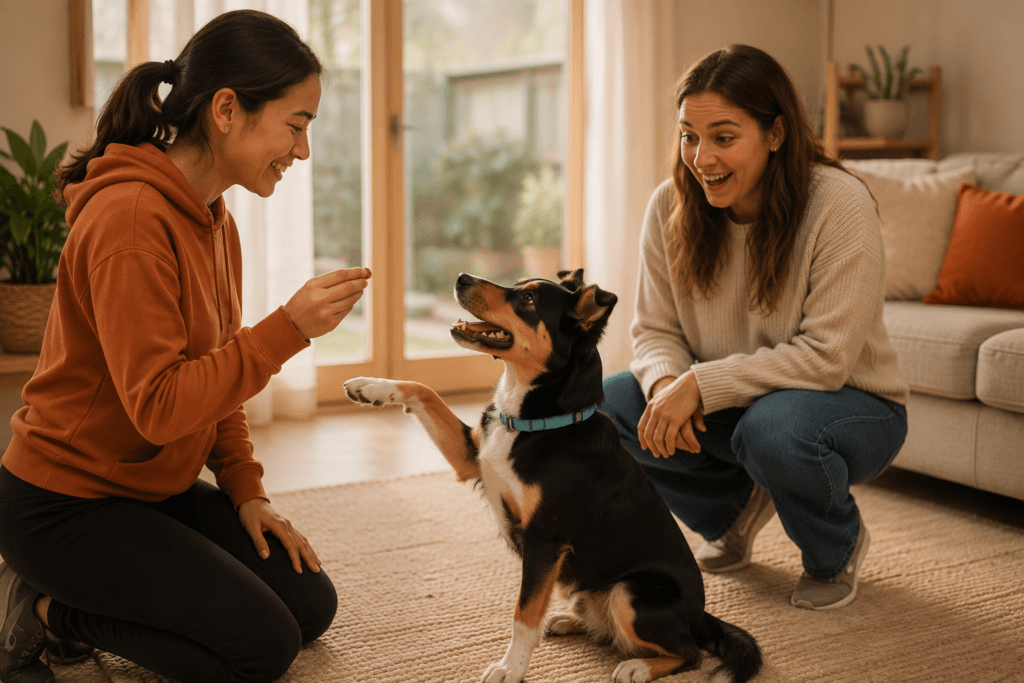  family watching dog trained behavior demonstration