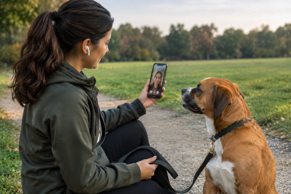 Dog owner on a live video call with a trainer during a walk