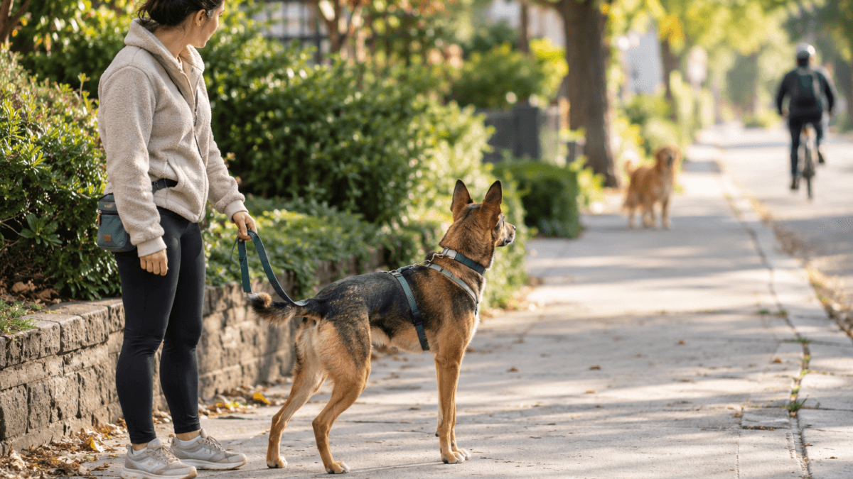 reactive dog on leash walk with owner training app
